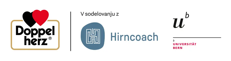 Logotipi podjetja Doppelherz, Hirncoach in Univerze v Bernu, skupaj z besedilom "V sodelovanju z".