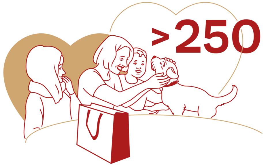 Dve osebi sta pridruženi in se igrajo s psom. Ena oseba drži torbo, medtem ko druga nežno dotika psa. V ozadju sta srčka in napis ">250".