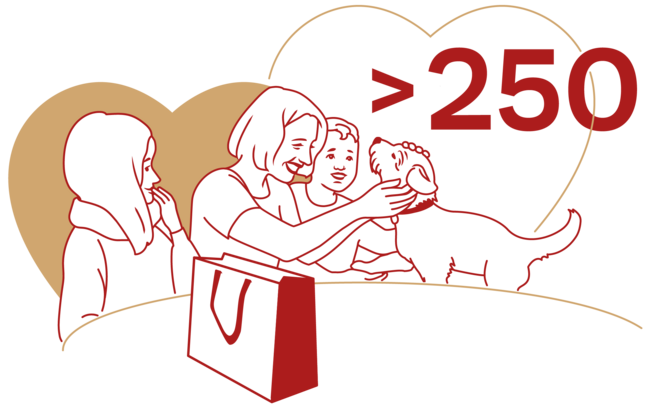 Dve osebi sta pridruženi in se igrajo s psom. Ena oseba drži torbo, medtem ko druga nežno dotika psa. V ozadju sta srčka in napis ">250".
