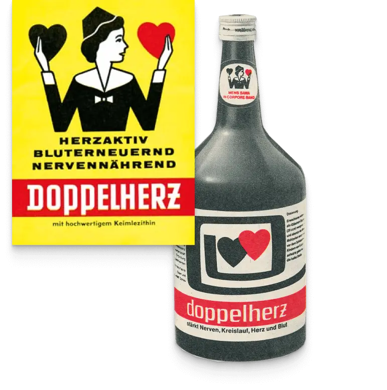 Na sliki sta dva predmeta. Na vrhu je vintage embalaža z belim ozadjem in podobo ženske z dvema rdečima srčkoma. Spodaj je steklenica z napisom "doppelherz," ki vsebuje rdeče in črno srce. Oba predmeta sta povezana s temami zdravja in srčne moči.